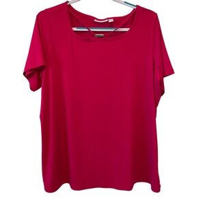 Susan Graver Womens 1X Liquid Knit Dark Pink Top Crisscross Neck Short Sleeve